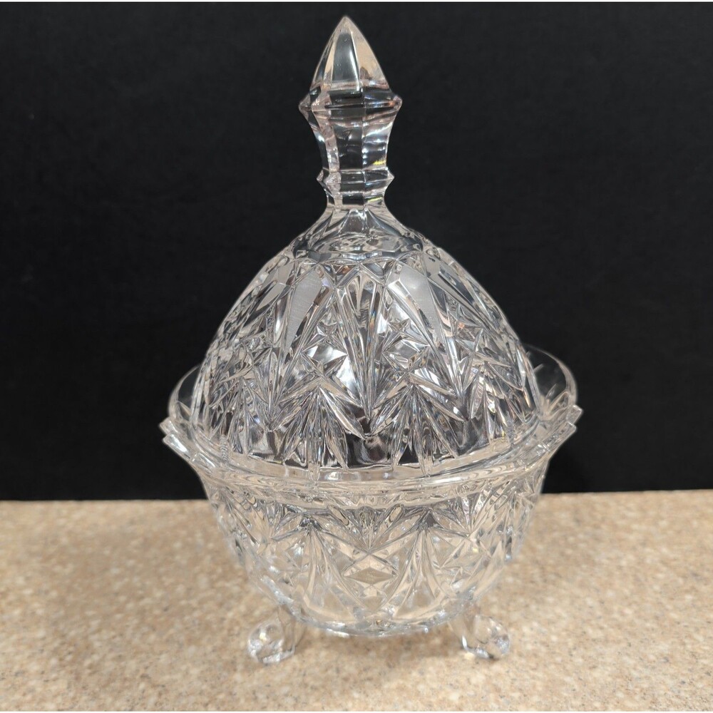 Vintage Crystal Covered Candy Dish Footed Trinket Bowl with Lid Pinwheel Star 8"